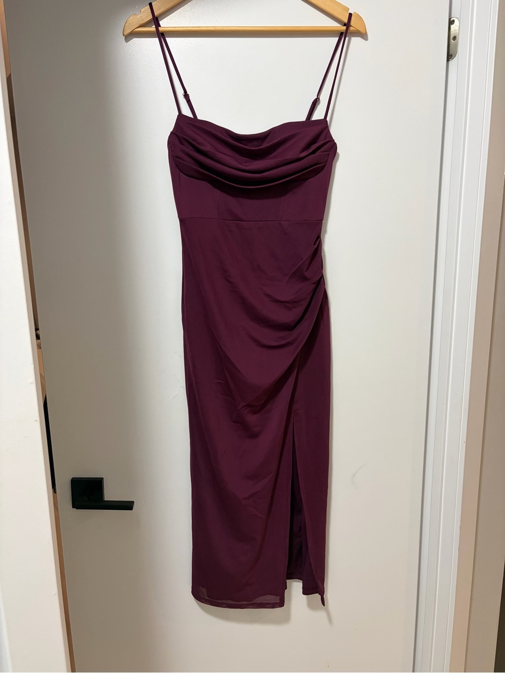 Spaghetti Strap Cowl Neck Midi Dress in Deep Burgundy